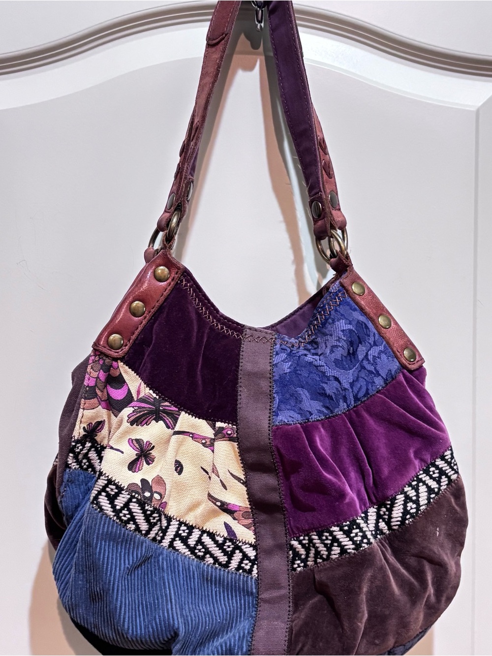 Lucky Brand Purse Patchwork Bag Hippie Hobo Velvet Corduroy Leather